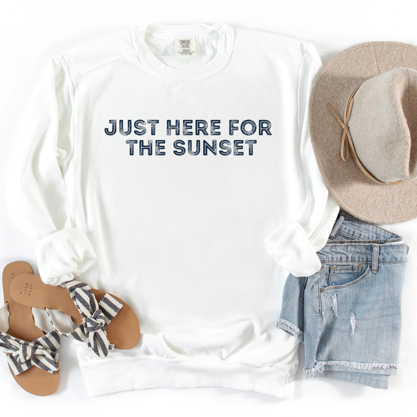 White Comfort Color sweatshirt- Just here for the Sunset. 