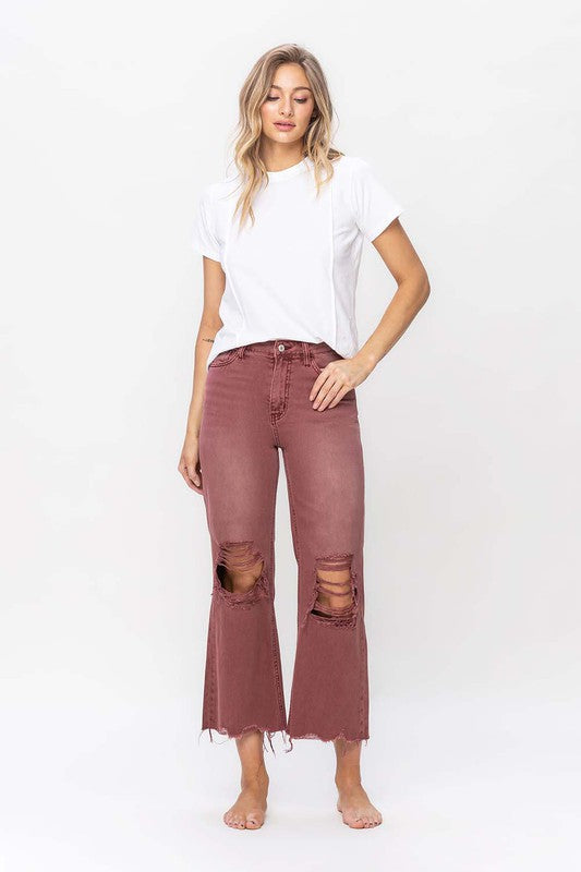 90's Vintage High Rise Crop Flare Jeans- Russet Brown