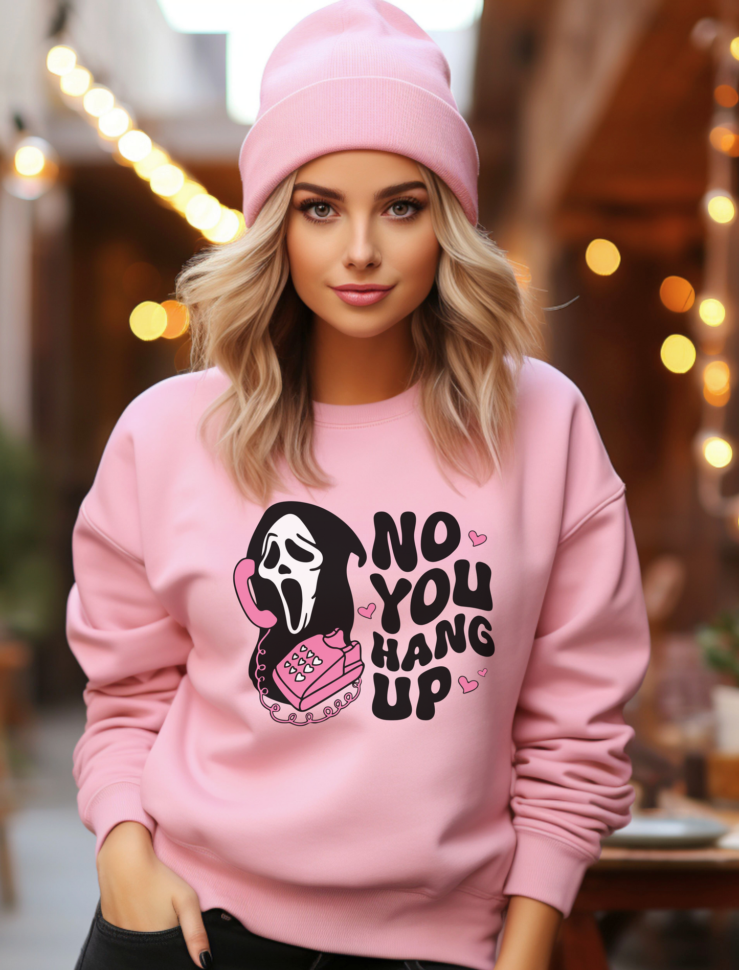 No you hang up scream Halloween Gildan sweatshirt- Light Pink