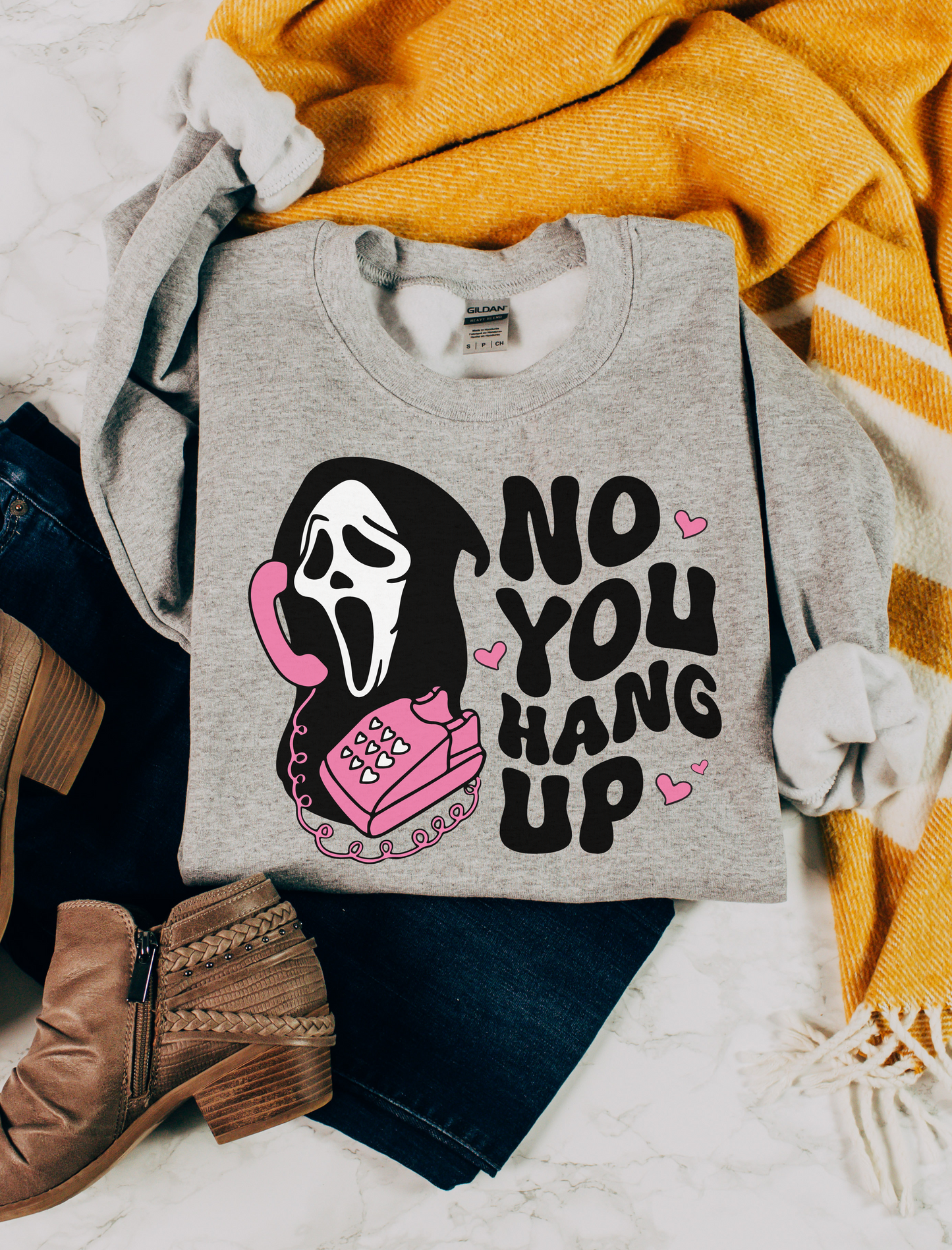 No you hang up scream Halloween Gildan sweatshirt- Sport Grey