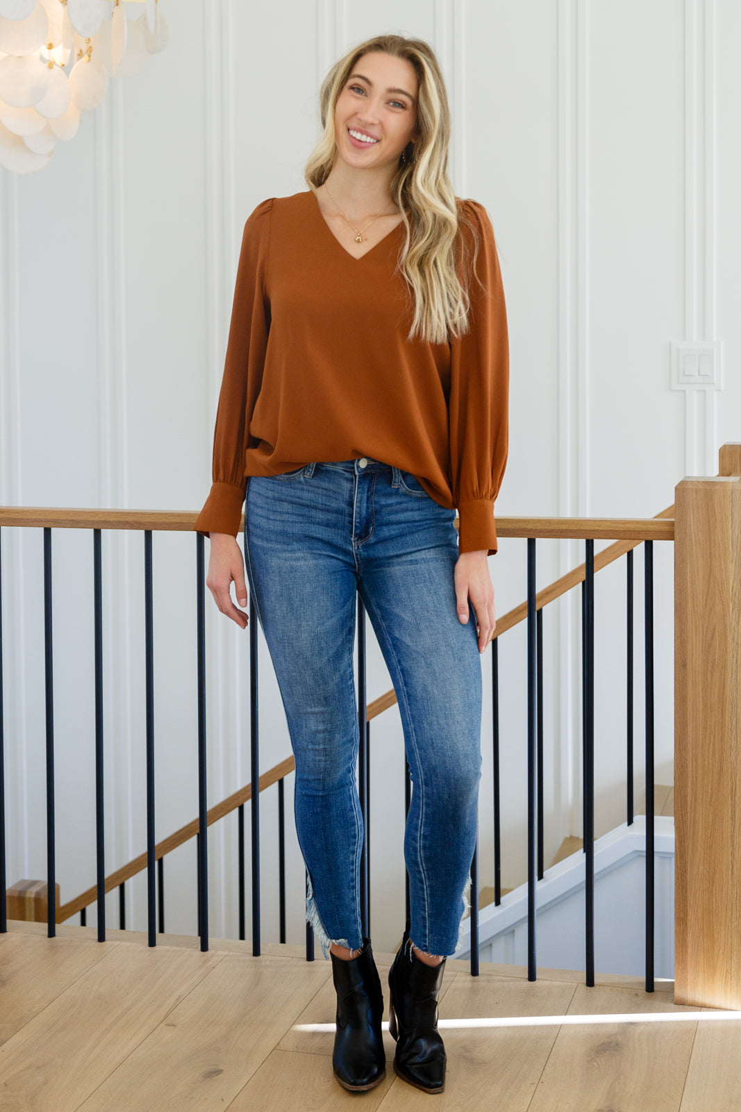 Enjoy This Moment V Neck Blouse In Toffee