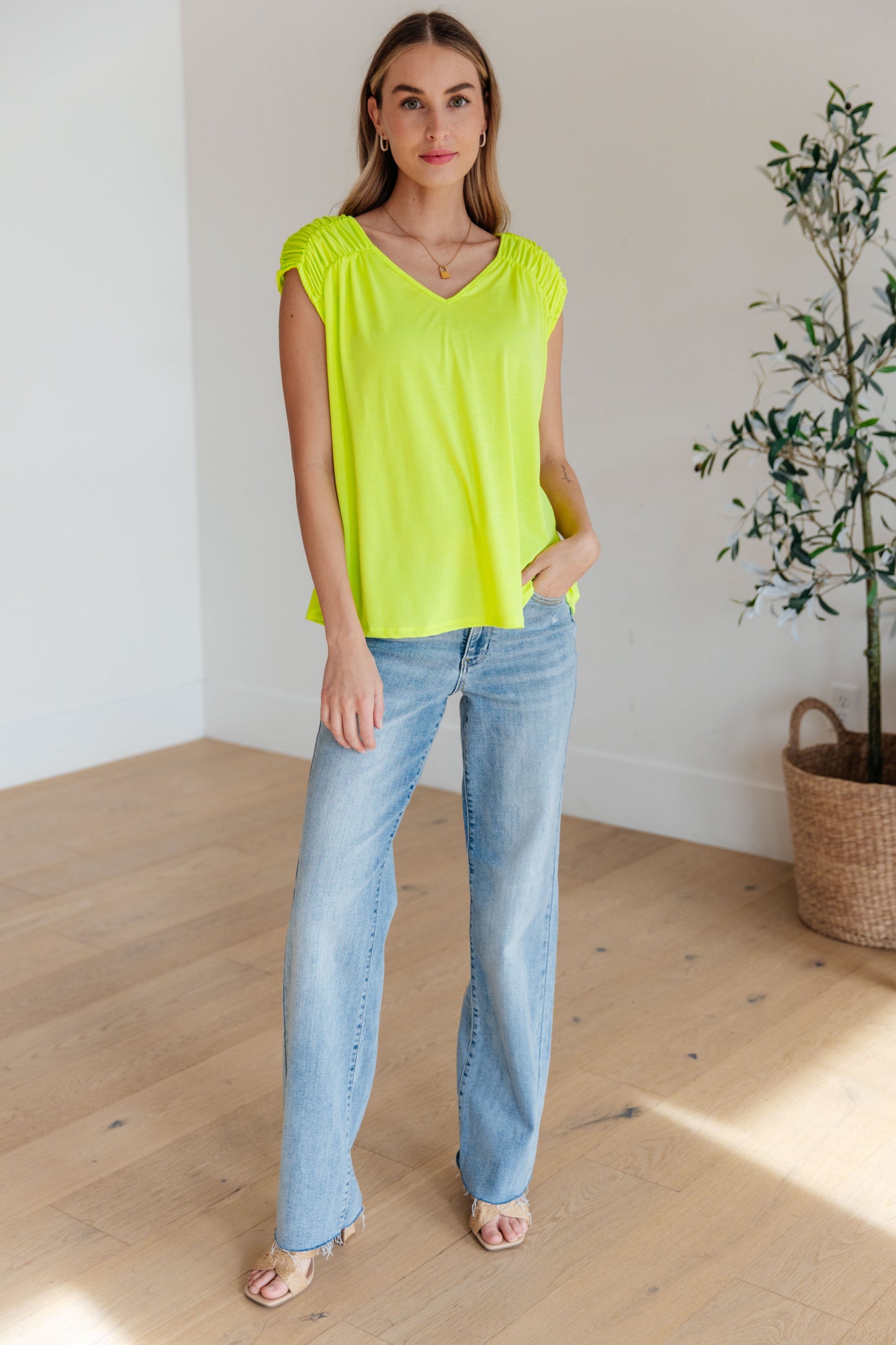 Ruched Cap Sleeve Top in Neon Green